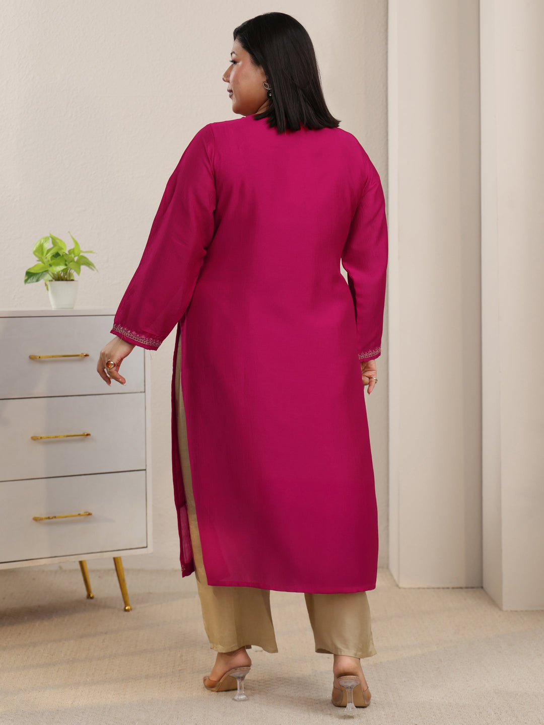 Plus Size Rani Pink Ethnic Embroidered Silk Blend Straight Kurta