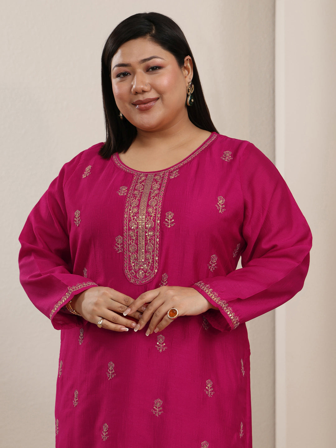 Plus Size Rani Pink Ethnic Embroidered Silk Blend Straight Kurta