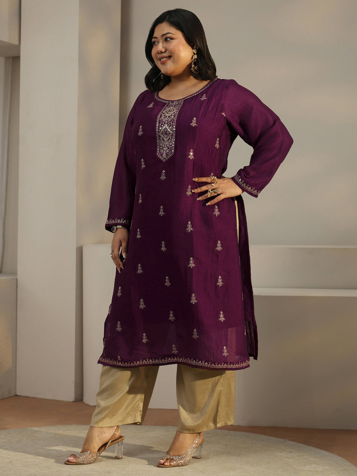 Plus Size Burgundy Ethnic Embroidered Silk Blend Straight Kurta