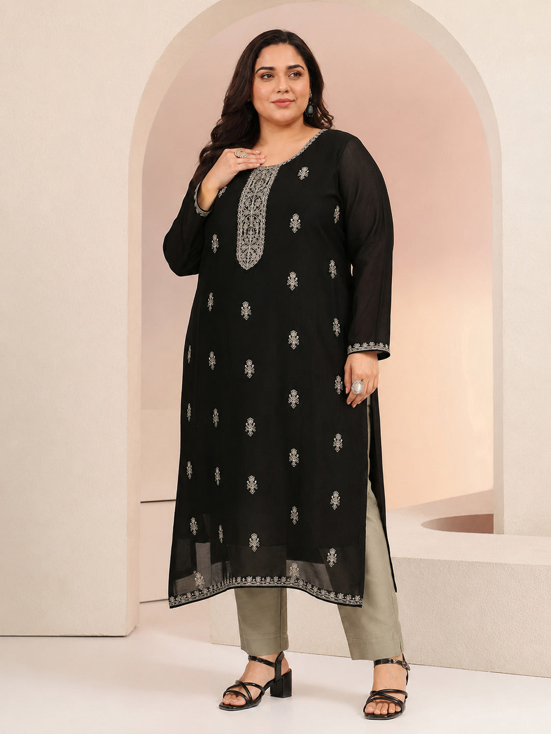 Plus Size Black Ethnic Embroidered Silk Blend Straight Kurta