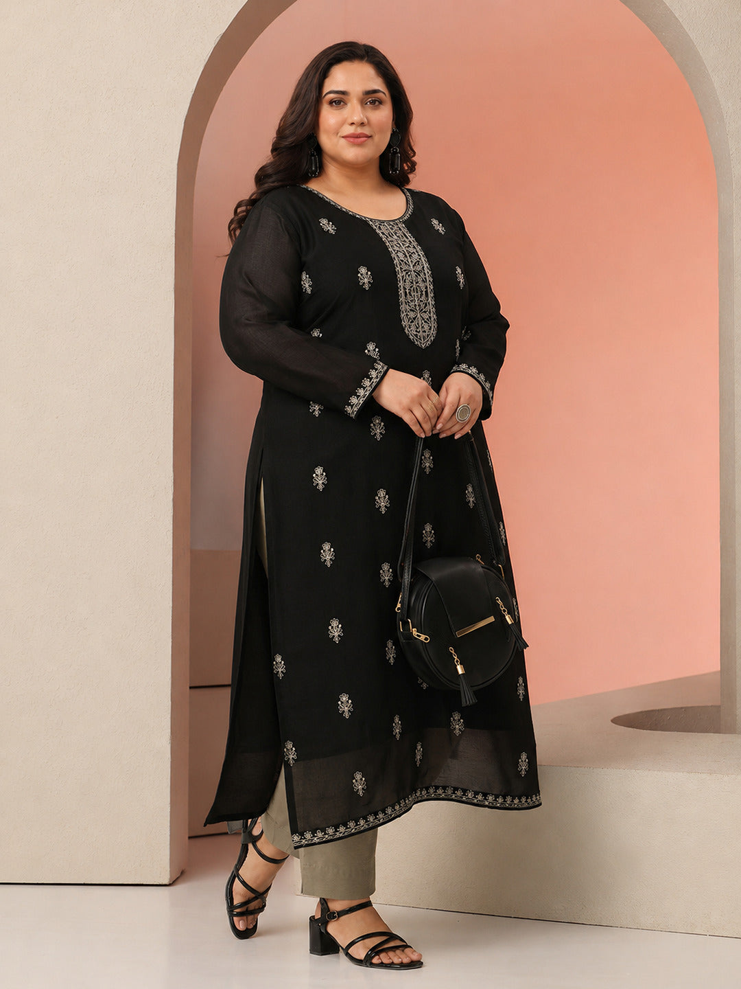 Plus Size Black Ethnic Embroidered Silk Blend Straight Kurta
