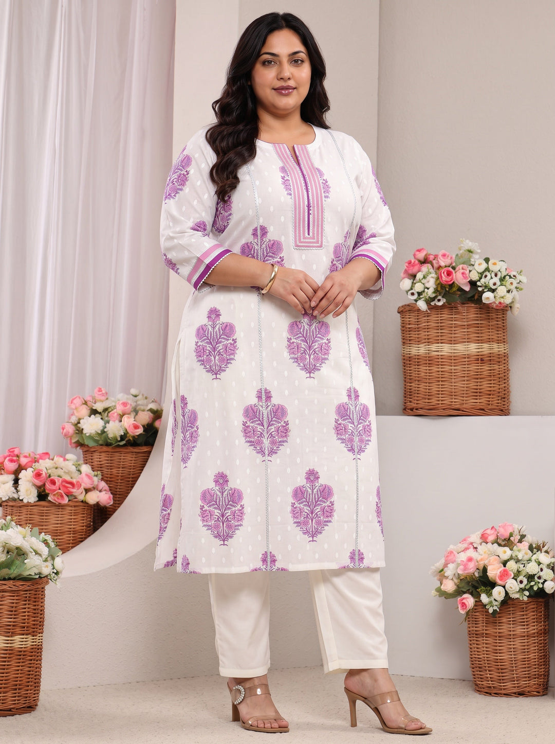 Plus Size White Floral Printed Cotton A-Line Kurta