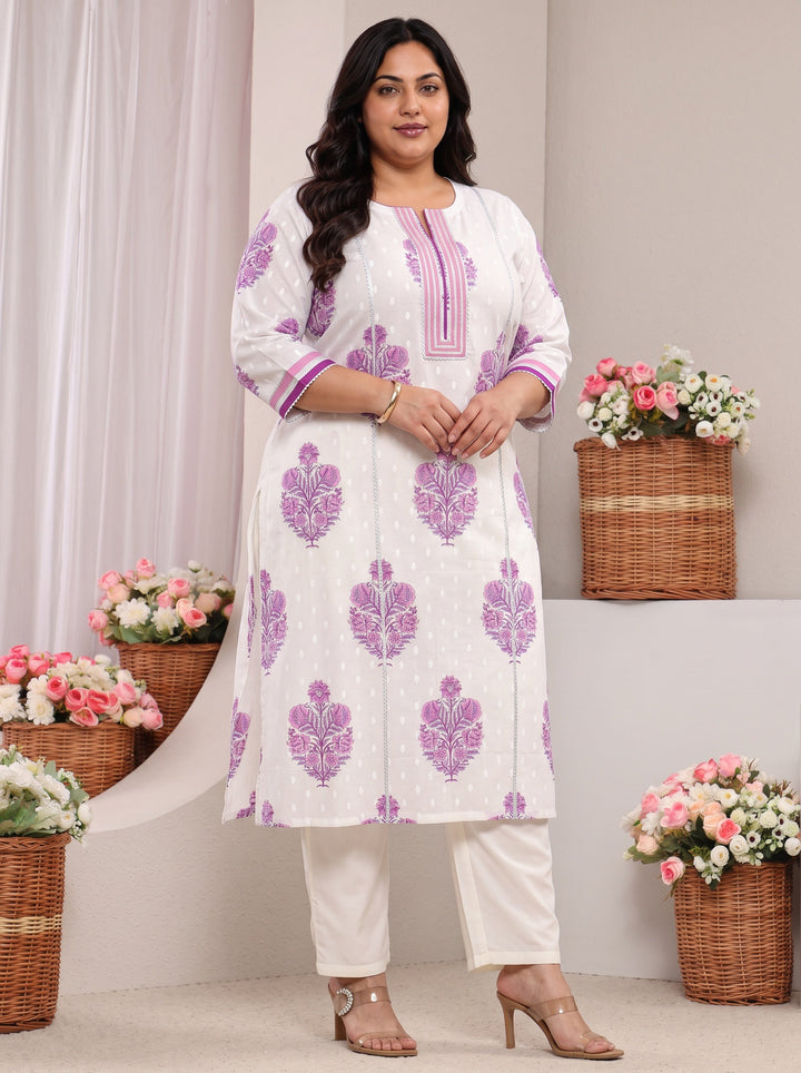 Plus Size White Floral Printed Cotton A-Line Kurta