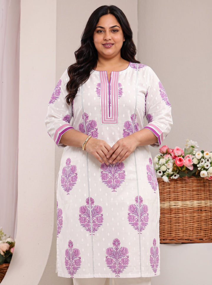 Plus Size White Floral Printed Cotton A-Line Kurta