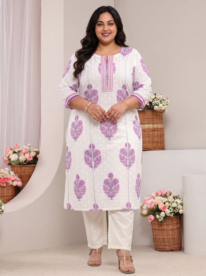 Plus Size White Floral Printed Cotton A-Line Kurta
