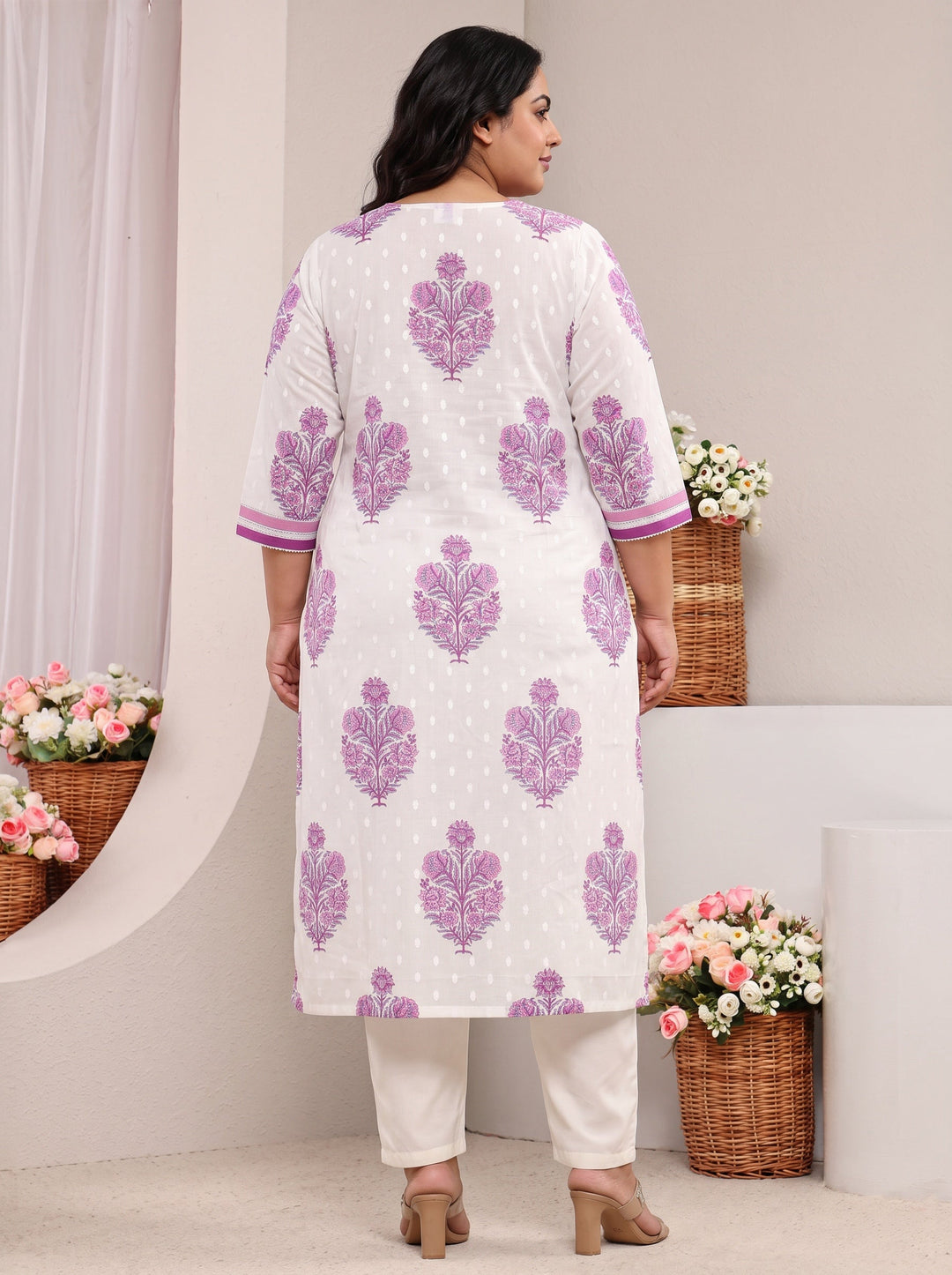 Plus Size White Floral Printed Cotton A-Line Kurta
