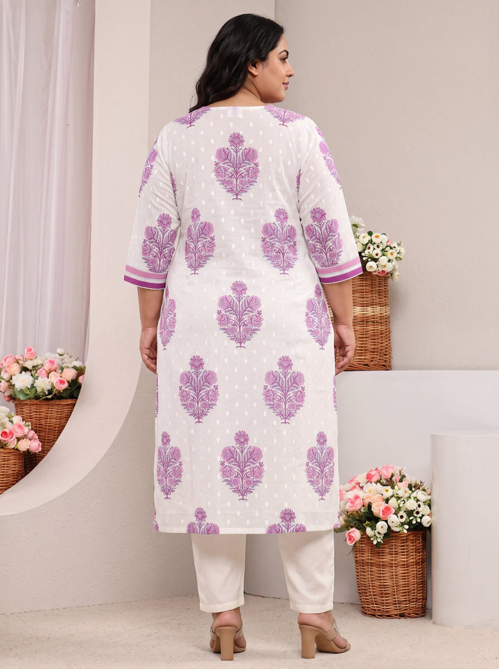 Plus Size White Floral Printed Cotton A-Line Kurta
