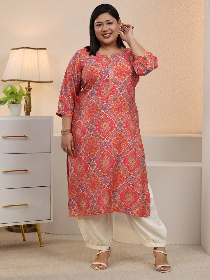 Plus Size Peach Ethnic Printed Silk Blend Straight Kurta