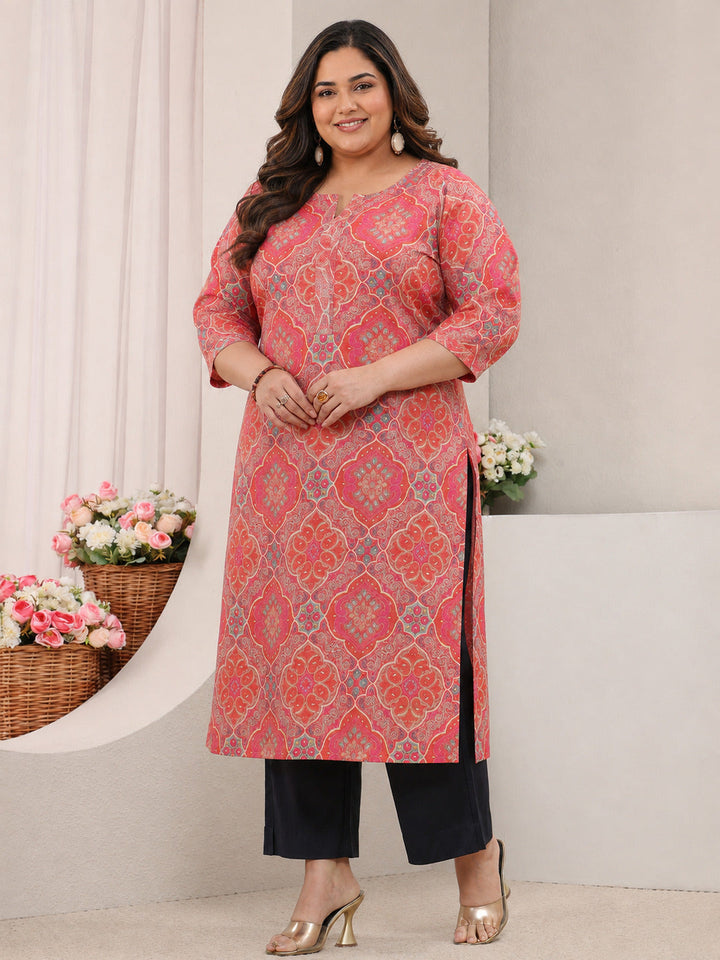 Plus Size Peach Ethnic Printed Silk Blend Straight Kurta