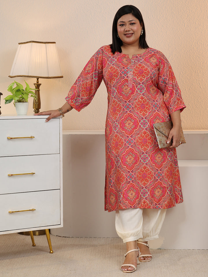 Plus Size Peach Ethnic Printed Silk Blend Straight Kurta