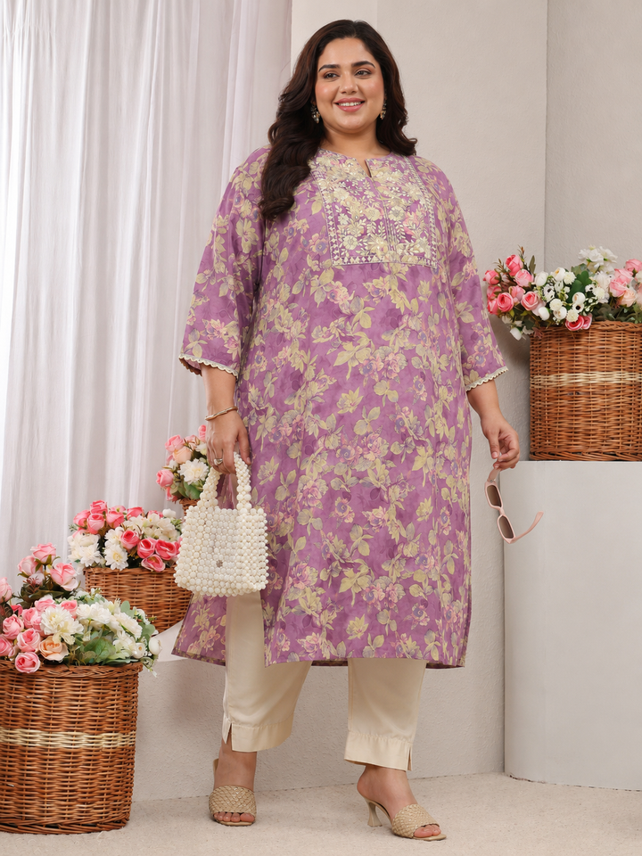 Plus Size Lavender Floral Printed Silk Blend Straight Kurta