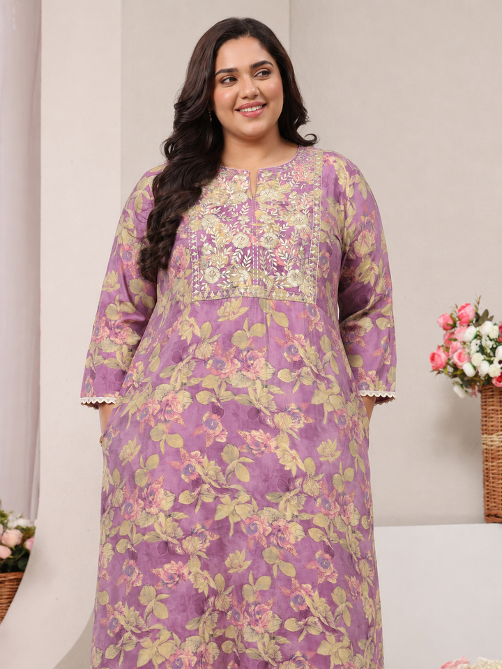 Plus Size Lavender Floral Printed Silk Blend Straight Kurta