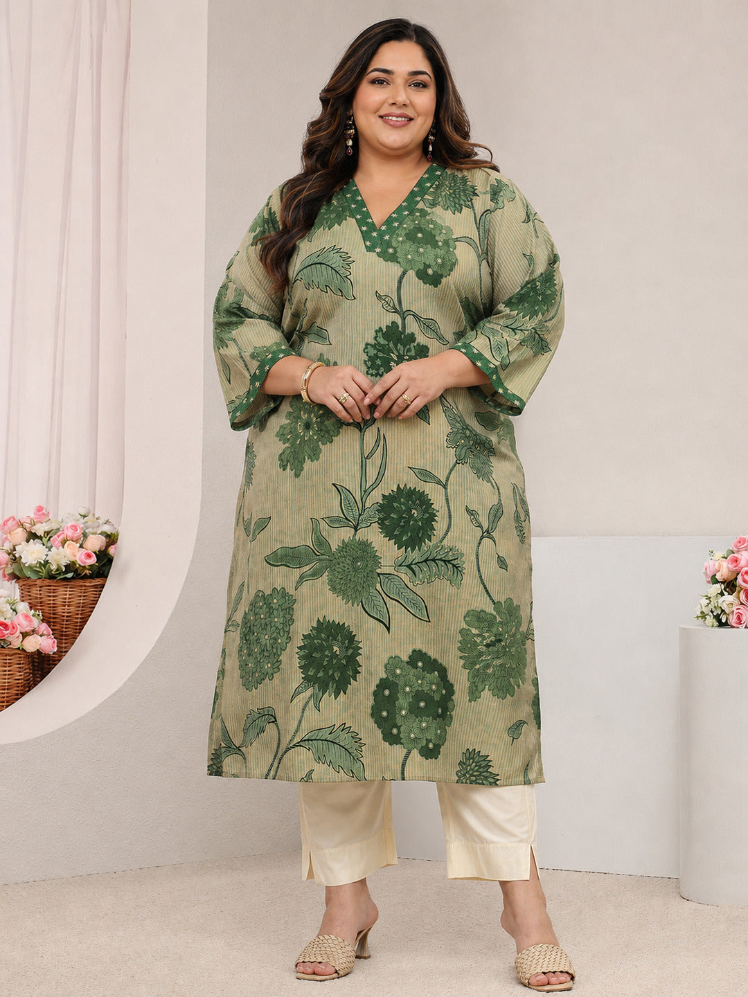 Plus Size Green Floral Printed Silk Blend Straight Kurta