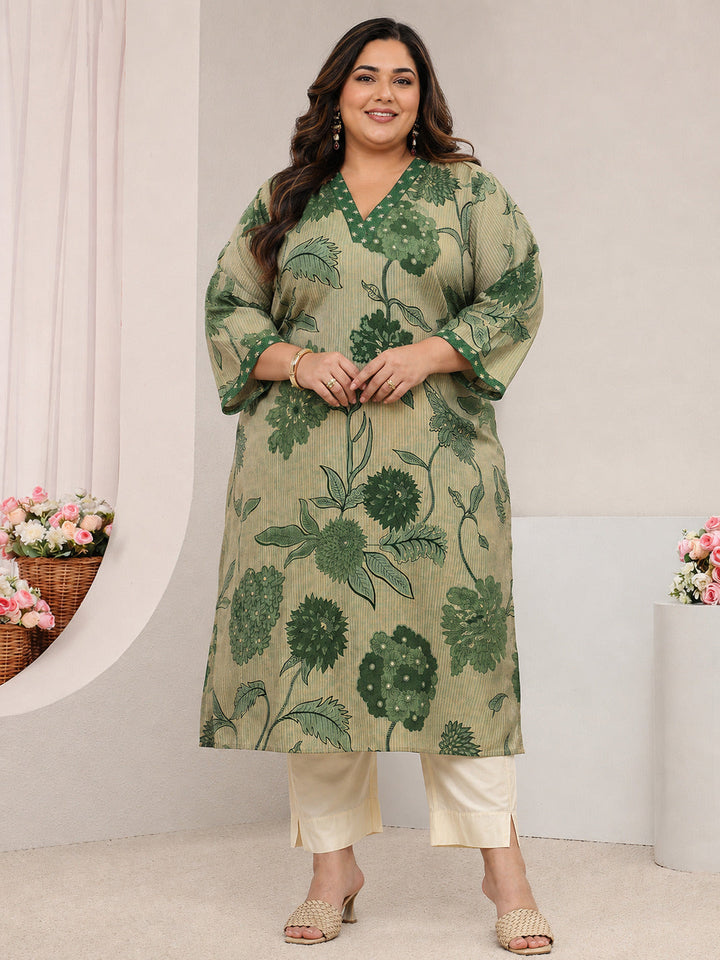 Plus Size Green Floral Printed Silk Blend Straight Kurta