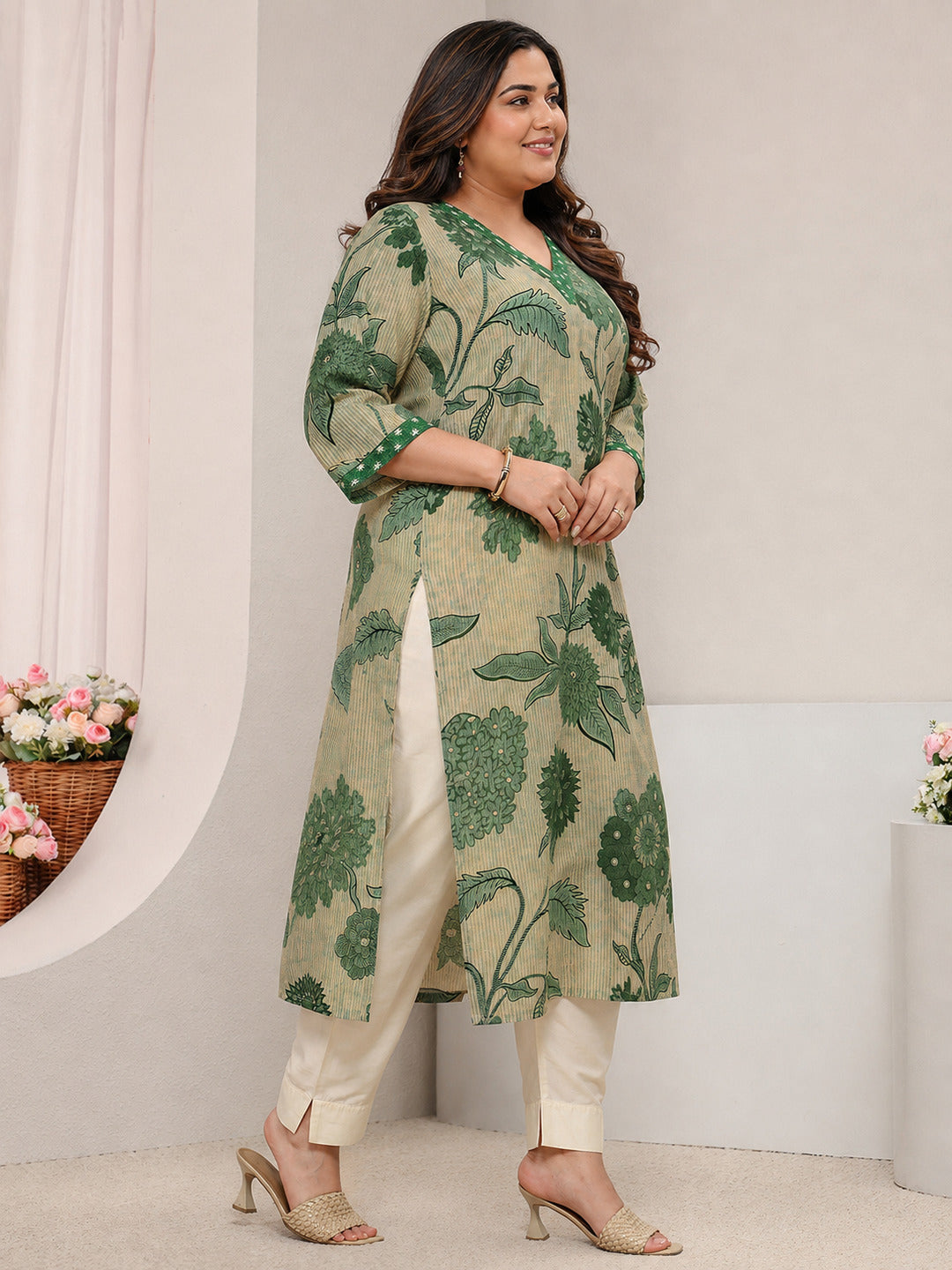 Plus Size Green Floral Printed Silk Blend Straight Kurta
