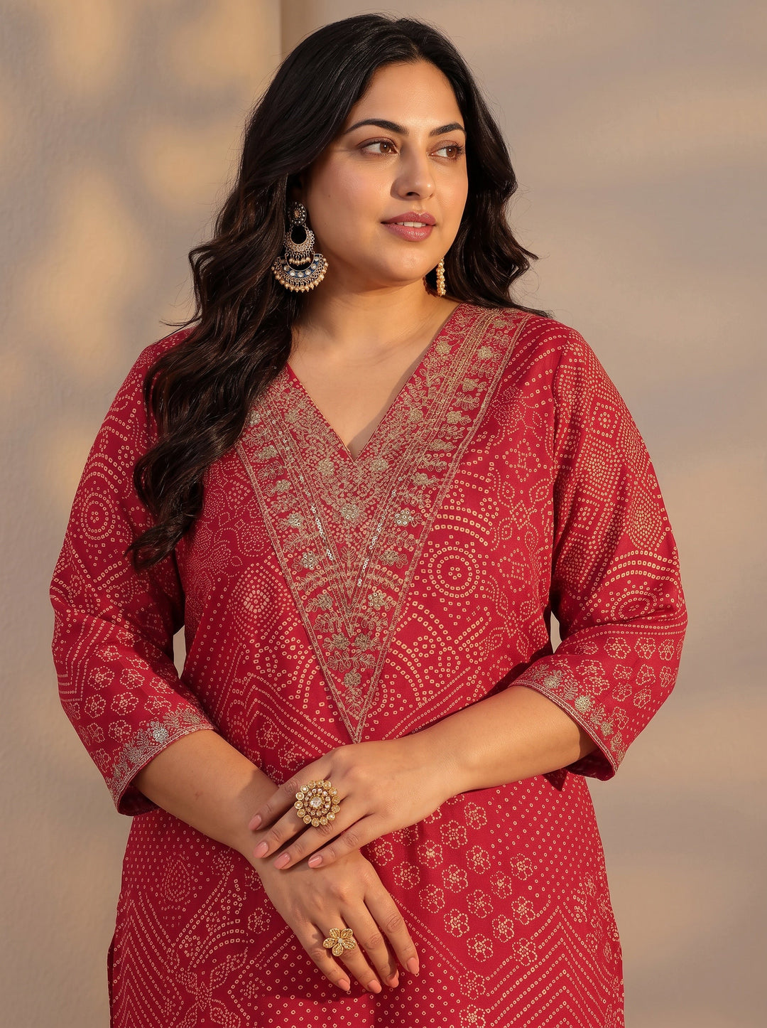 Plus Size Red Bandhani Printed Silk Blend Straight Kurta