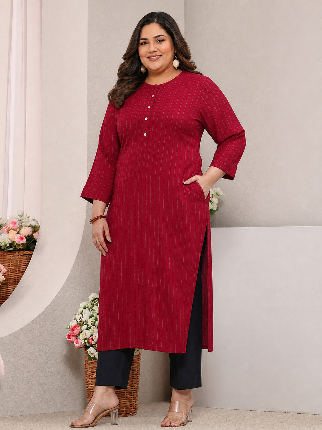 Plus Size Red Striped Woven Design Rayon Straight Kurta