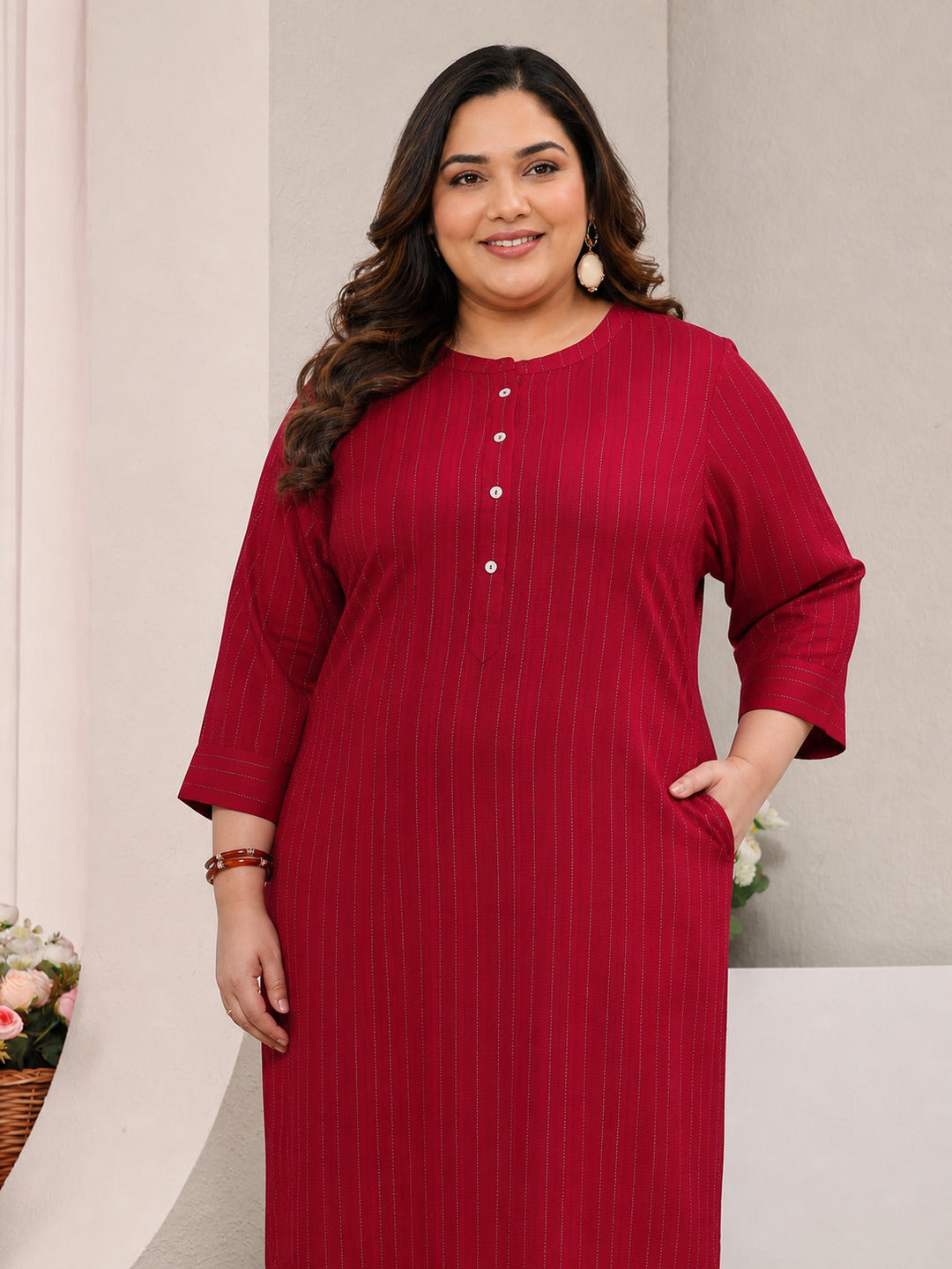 Plus Size Red Striped Woven Design Rayon Straight Kurta
