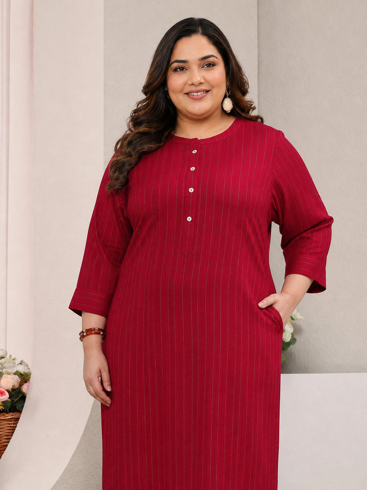 Plus Size Red Striped Woven Design Rayon Straight Kurta