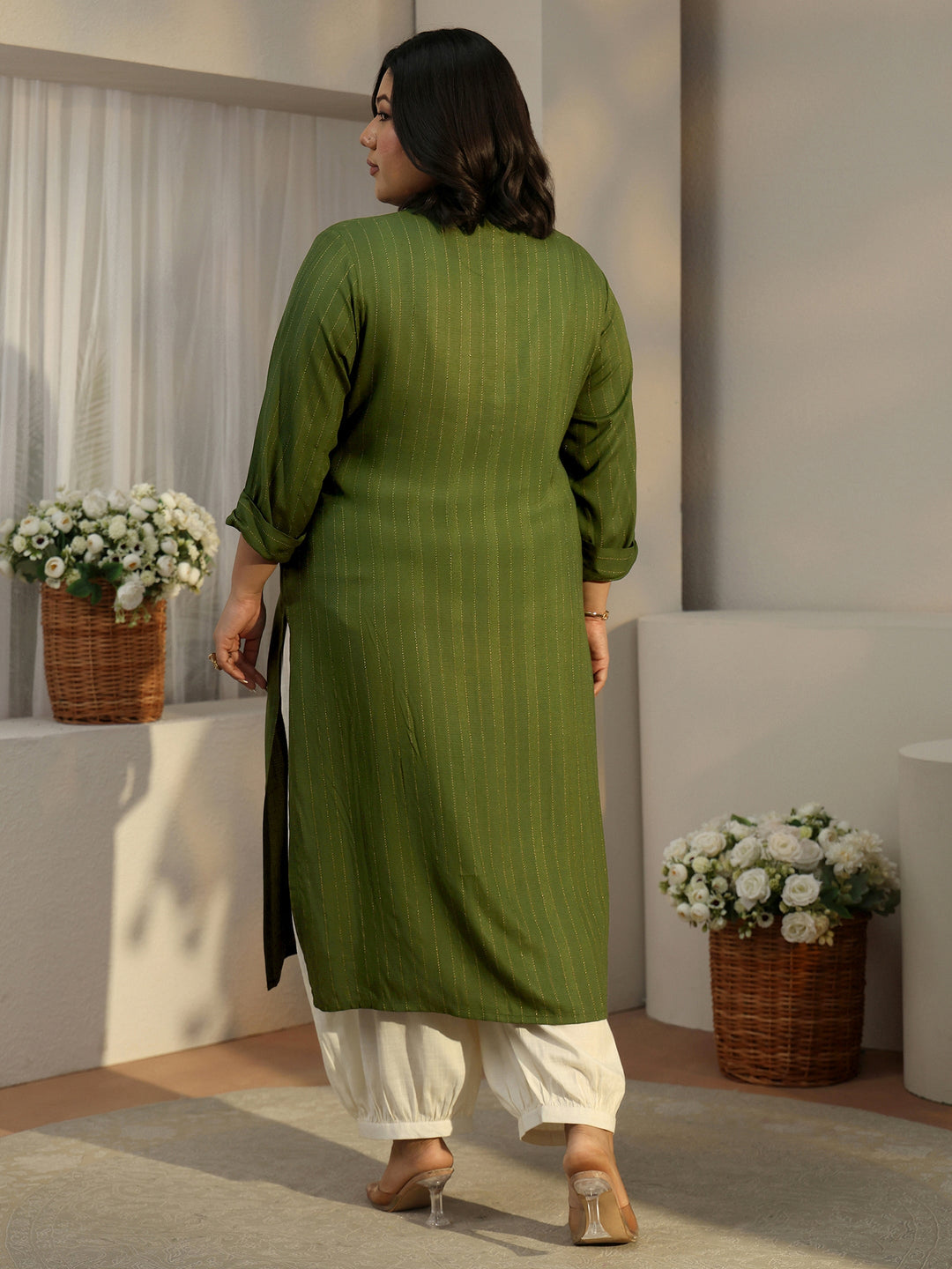 Plus Size Green Striped Woven Design Rayon Straight Kurta