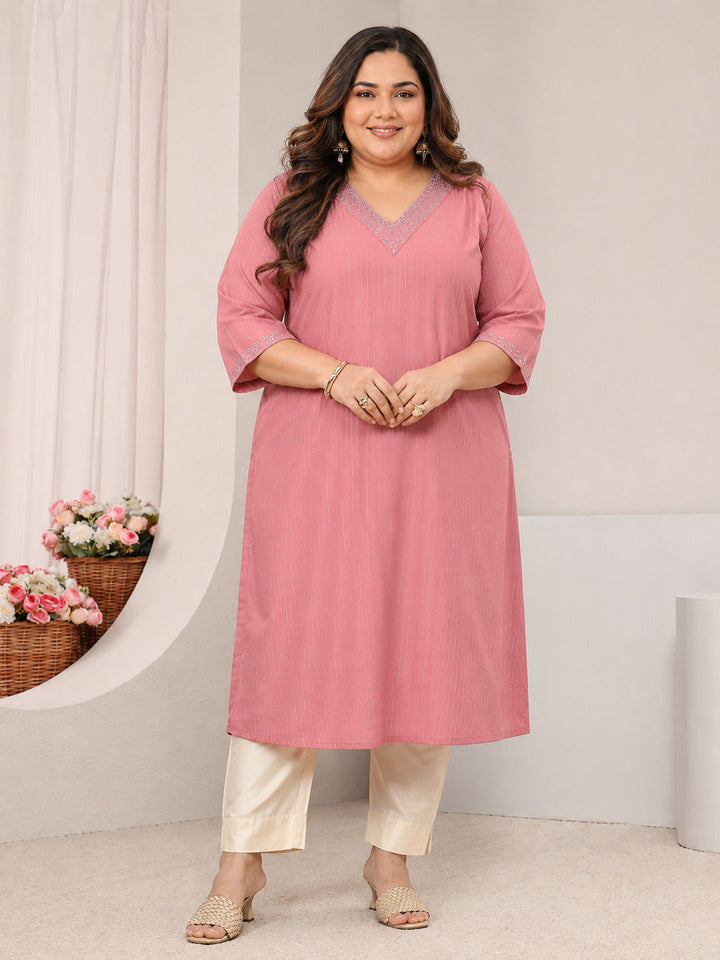 Plus Size Pink Striped Embellished Rayon Straight Kurta