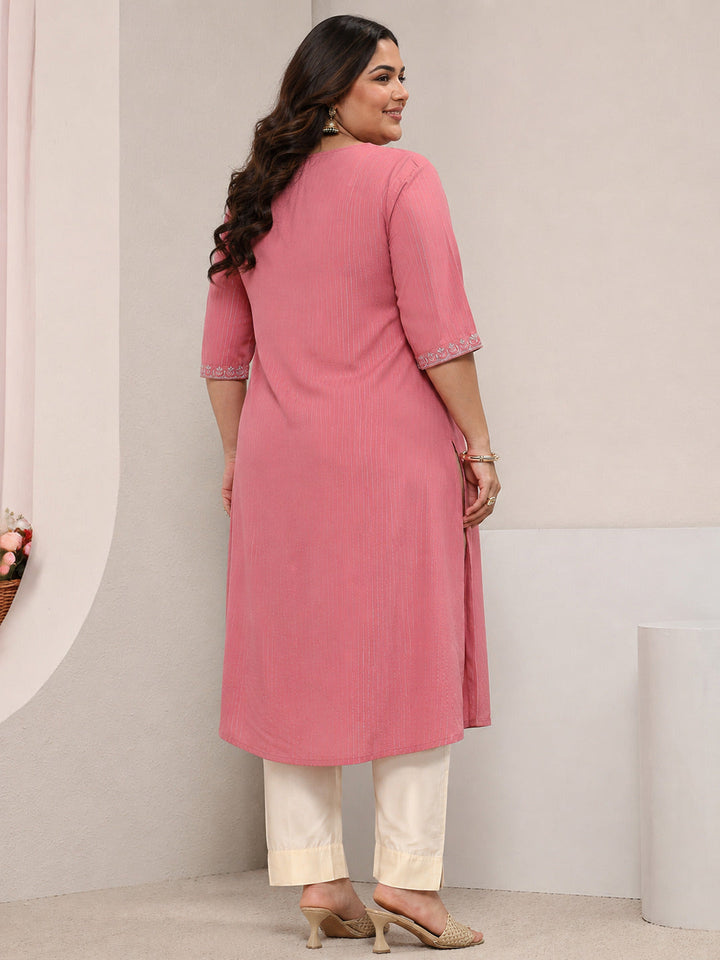 Plus Size Pink Striped Embellished Rayon Straight Kurta