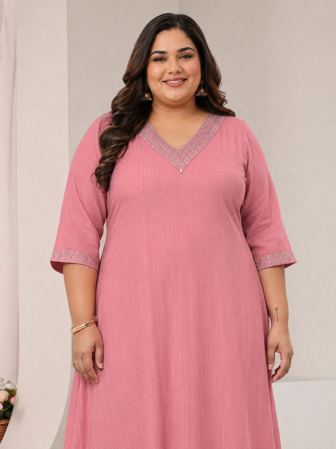 Plus Size Pink Striped Embellished Rayon Straight Kurta