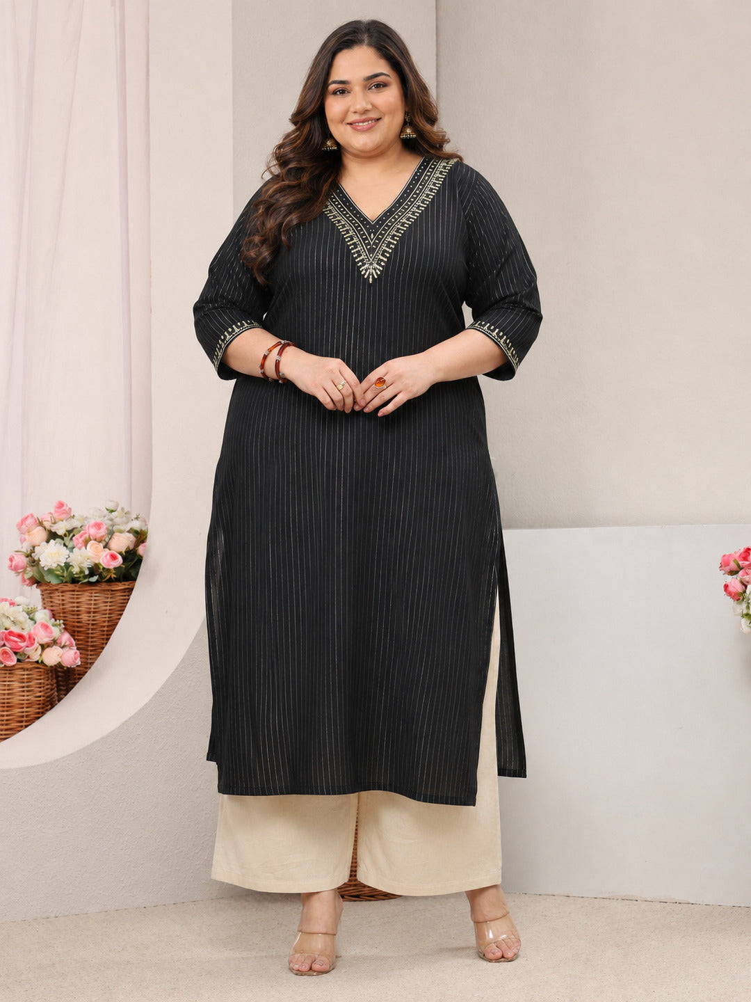 Plus Size Black Striped Embellished Rayon Straight Kurta