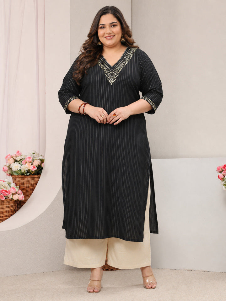 Plus Size Black Striped Embellished Rayon Straight Kurta