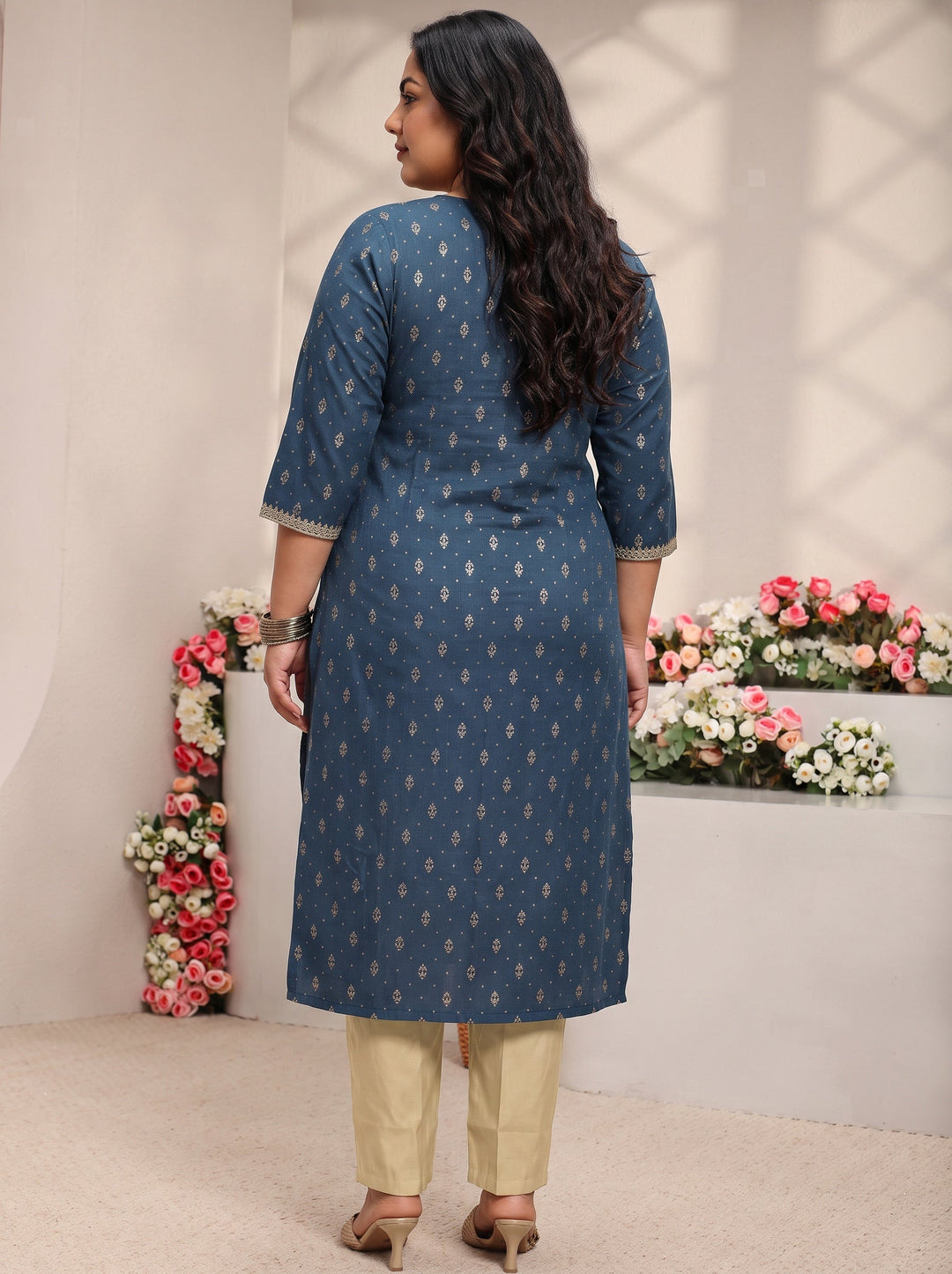 Plus Size Blue Ethnic Motifs Printed Cotton Blend Straight Kurta