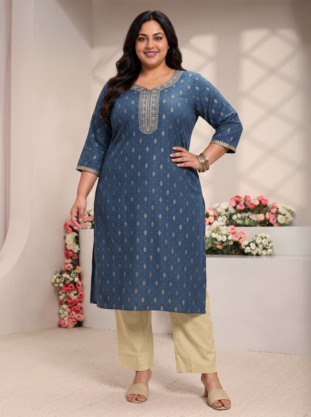 Plus Size Blue Ethnic Motifs Printed Cotton Blend Straight Kurta