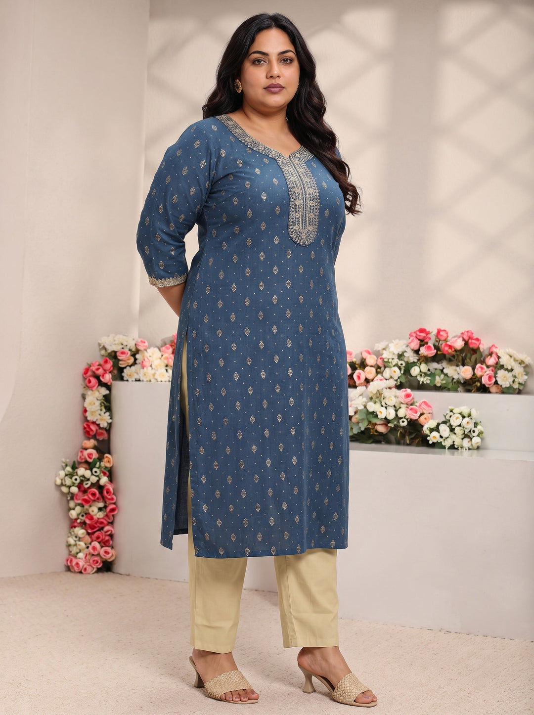 Plus Size Blue Ethnic Motifs Printed Cotton Blend Straight Kurta