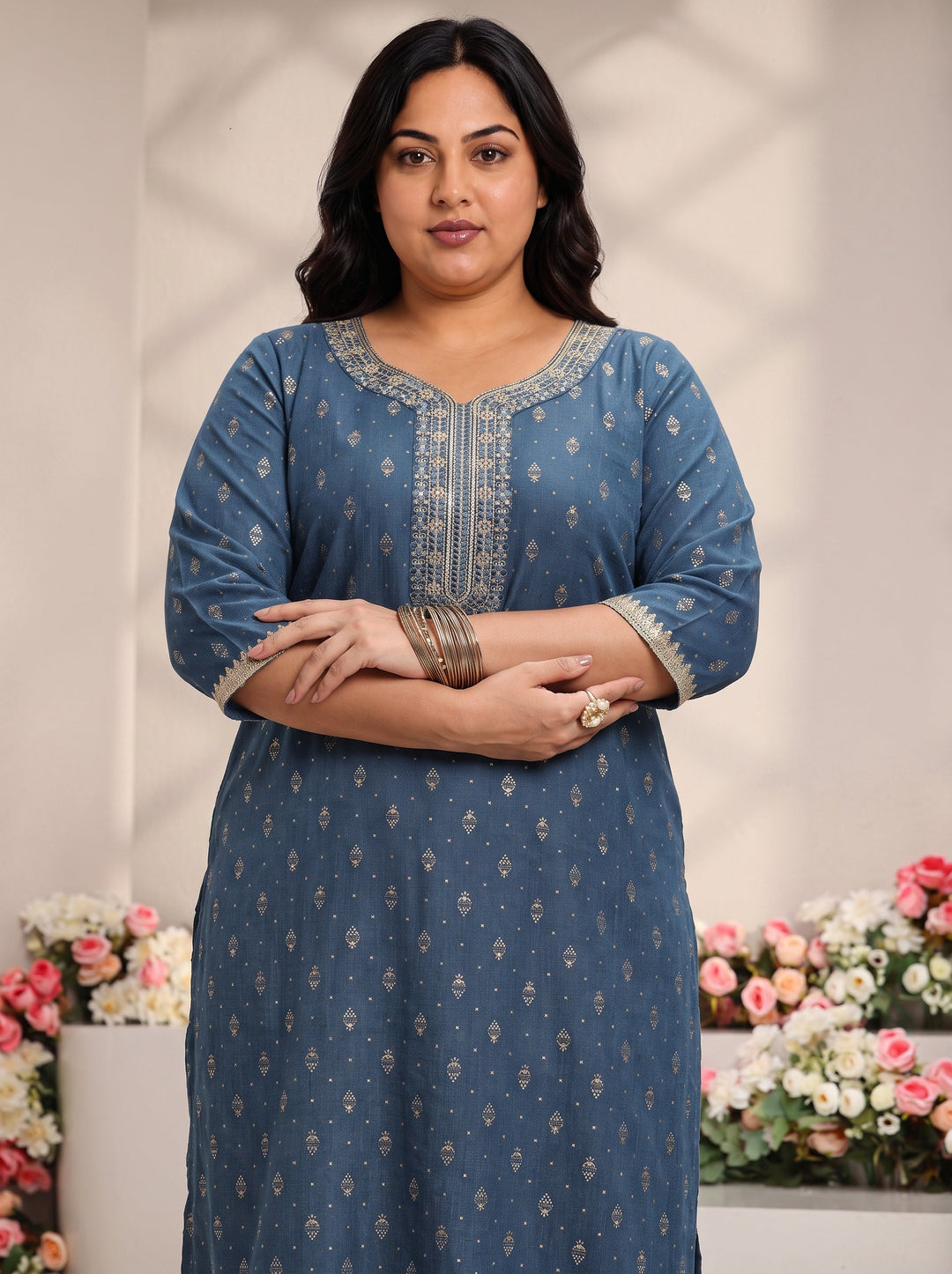 Plus Size Blue Ethnic Motifs Printed Cotton Blend Straight Kurta