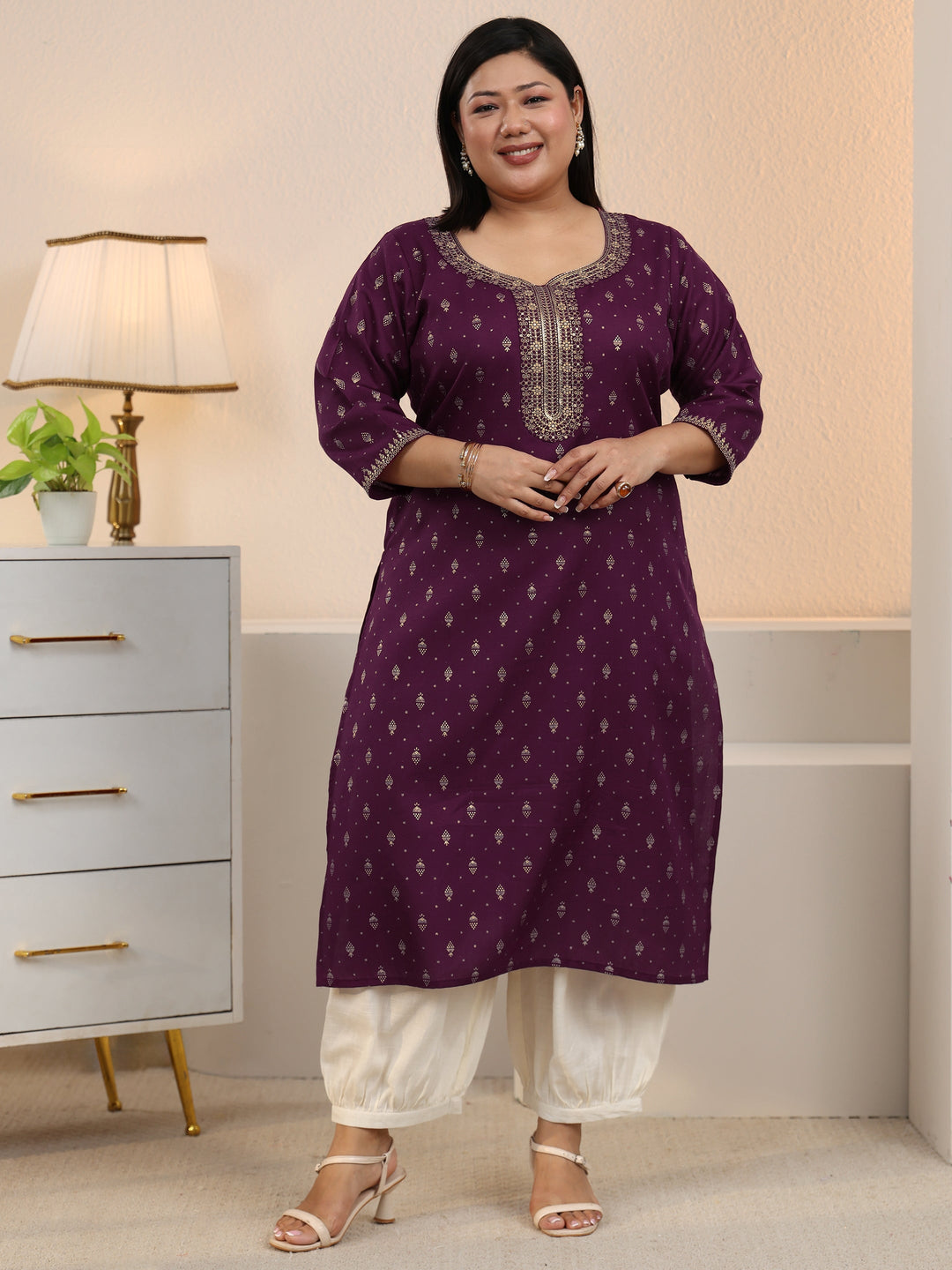 Plus Size Burgundy Ethnic Motifs Printed Cotton Blend Straight Kurta