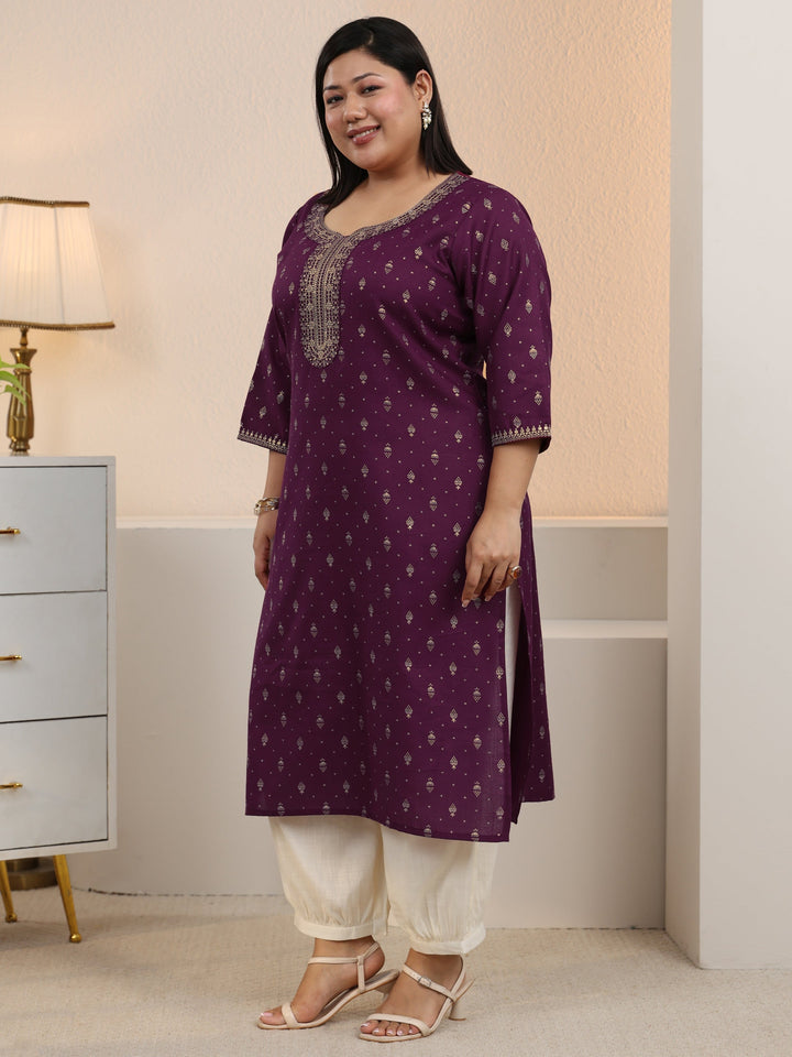 Plus Size Burgundy Ethnic Motifs Printed Cotton Blend Straight Kurta