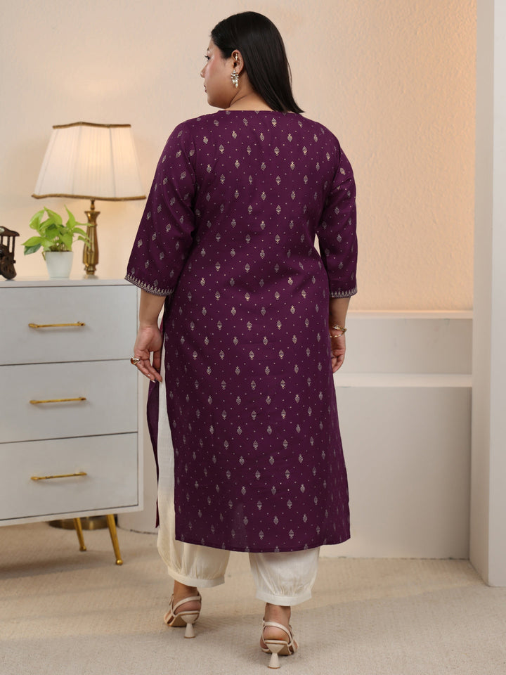 Plus Size Burgundy Ethnic Motifs Printed Cotton Blend Straight Kurta