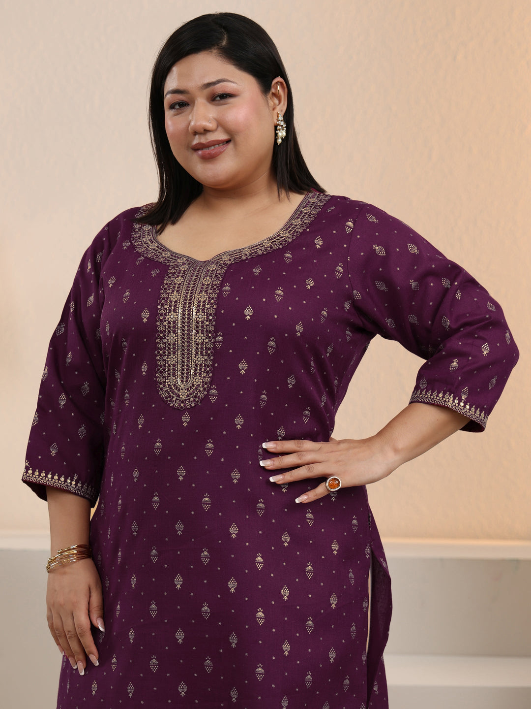 Plus Size Burgundy Ethnic Motifs Printed Cotton Blend Straight Kurta