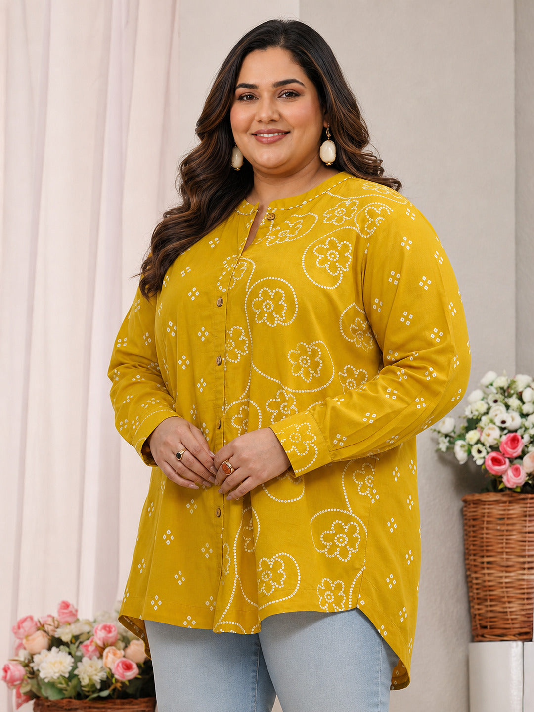 Plus Size Mustard Bandhani Printed Cotton Shirt