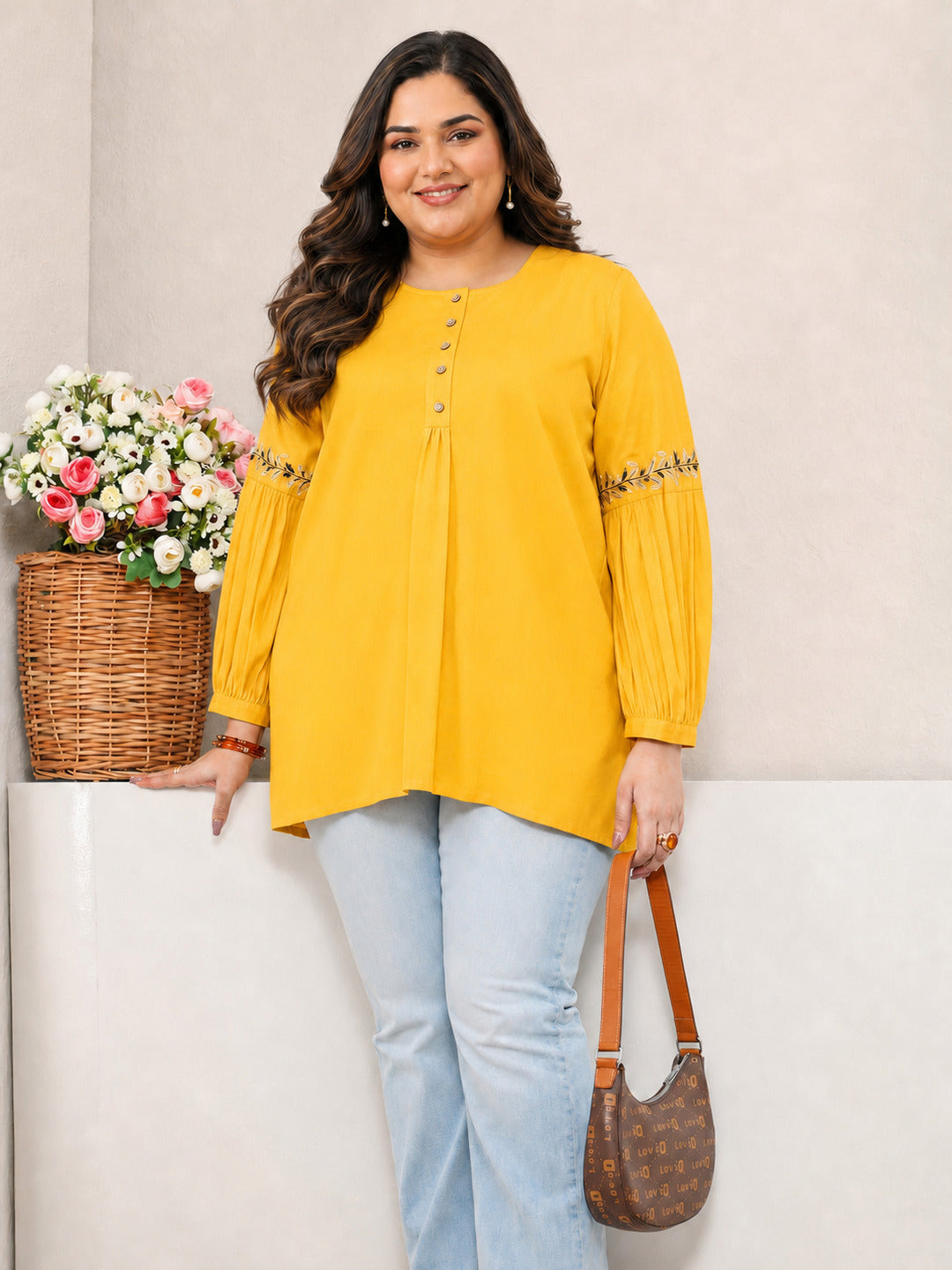 Plus Size Yellow Solid Cotton Straight Short Kurti