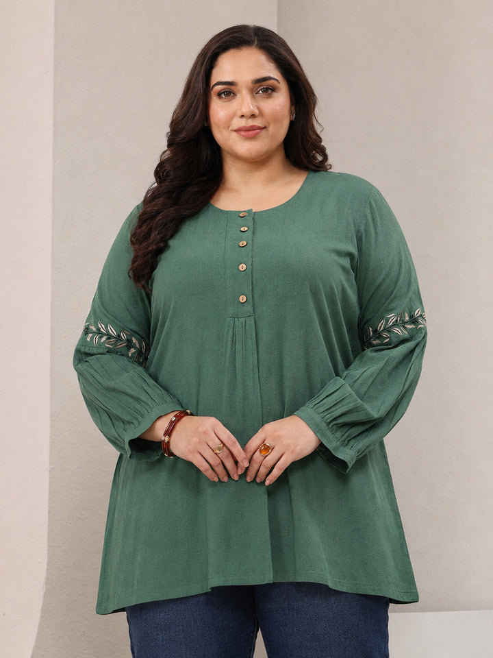 Plus Size Green Solid Cotton A-Line Short Kurti