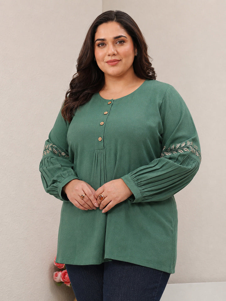 Plus Size Green Solid Cotton A-Line Short Kurti