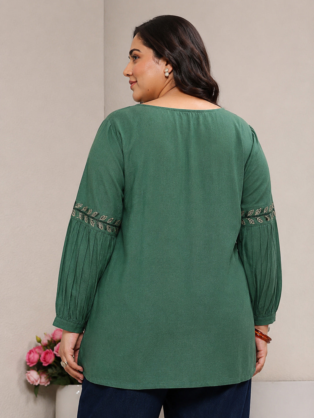 Plus Size Green Solid Cotton A-Line Short Kurti