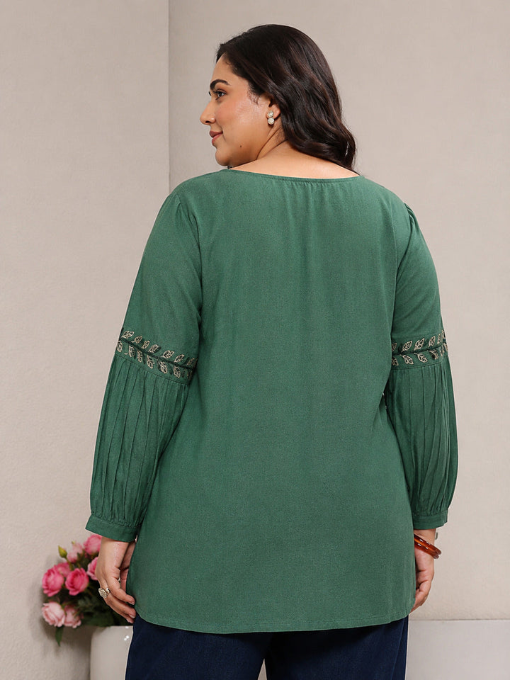 Plus Size Green Solid Cotton A-Line Short Kurti
