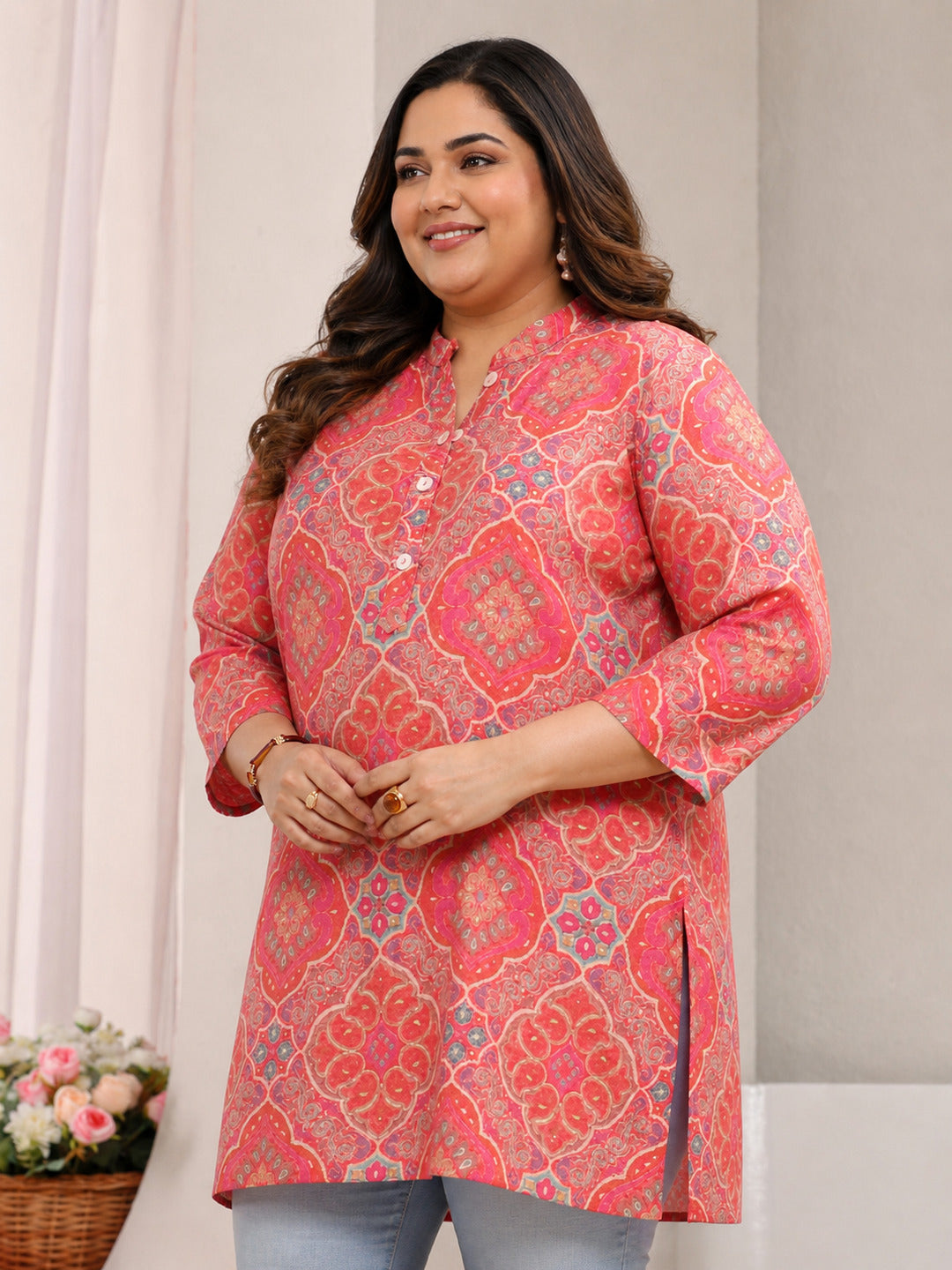 Plus Size Peach Ethnic Printed Silk Blend Tunic
