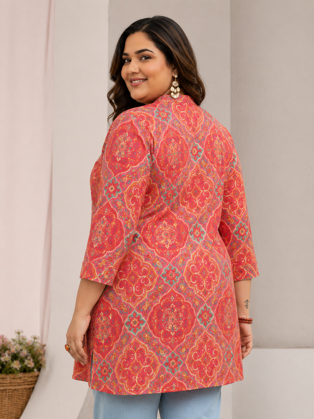 Plus Size Peach Ethnic Printed Silk Blend Tunic