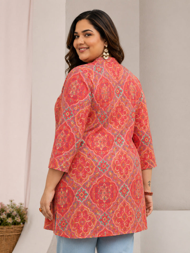 Plus Size Peach Ethnic Printed Silk Blend Tunic