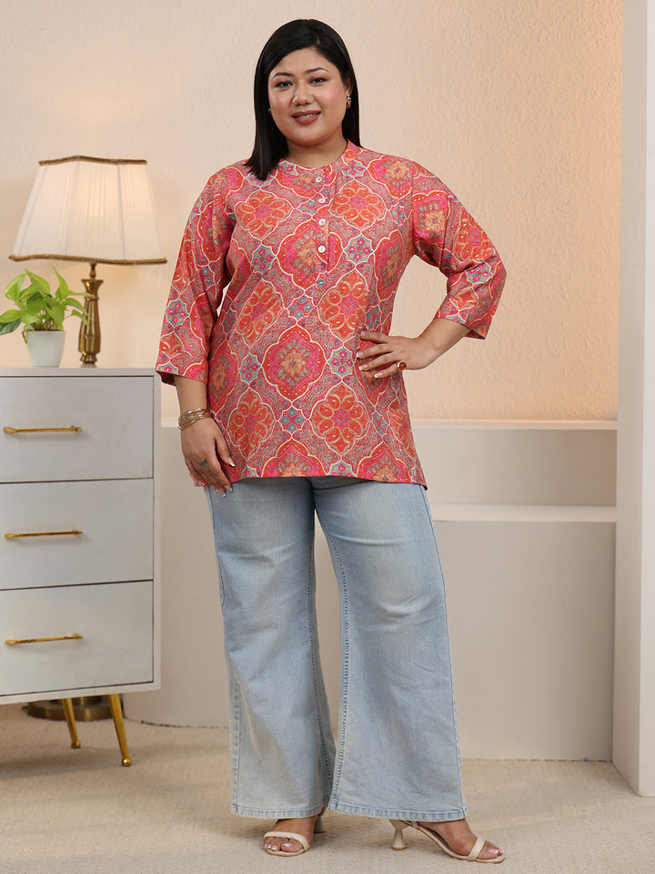 Plus Size Peach Ethnic Printed Silk Blend Tunic