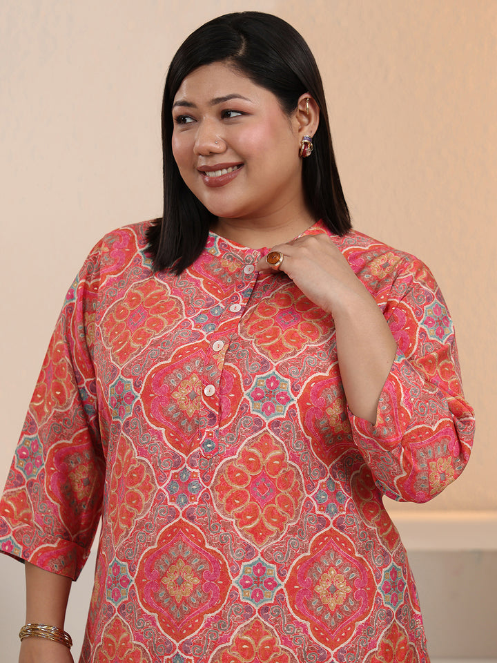 Plus Size Peach Ethnic Printed Silk Blend Tunic