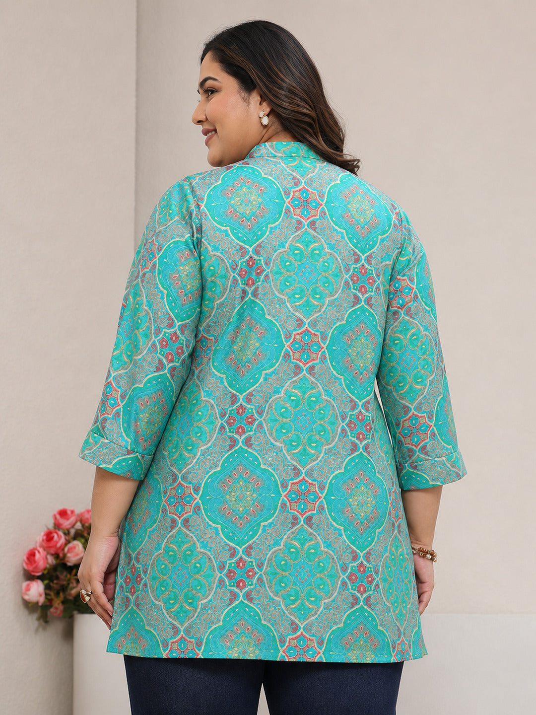 Plus Size Blue Ethnic Printed Silk Blend Straight Short Kurti