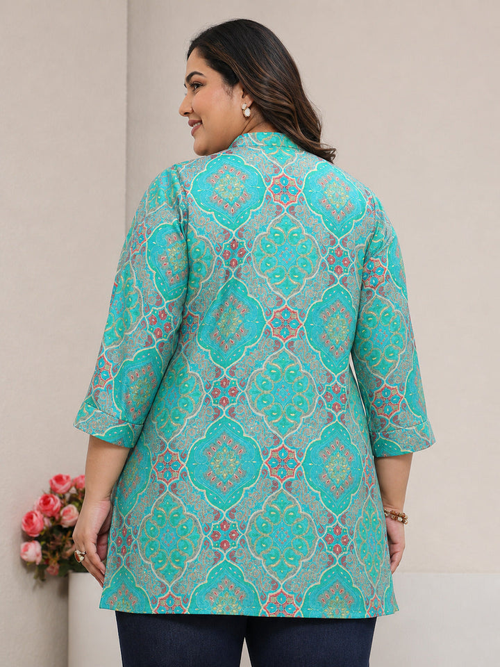 Plus Size Blue Ethnic Printed Silk Blend Straight Short Kurti